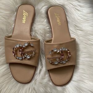 Liliana Beige Embellished Slide Sandals